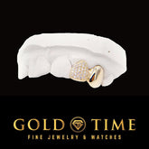 Custom Gold Double Cap Grillz Moissanite Iced Out Incisor & Solid Canine Cap, Made to Order with Kit, Available in Silver or 10K 14K Gold