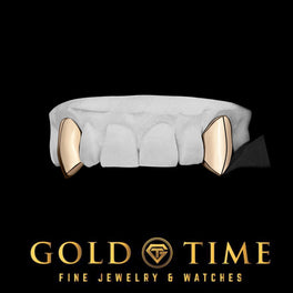 Rose gold 2 piece solid fang grillz on a dental model, shown on black with the Gold Time logo