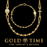 14K Yellow Gold Rosary Necklace Bracelet Set: Diamond-Cut Beaded Cross & Virgin Mary
