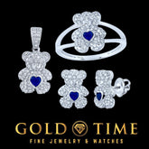 10k White Gold, Diamond, Sapphire Teddy Bear Jewelry Set Pendant, Ring & Earrings Natural Diamonds Heart-Shaped Sapphire Gift Ready