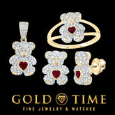10k Yellow Gold, Diamond, Ruby Teddy Bear Jewelry Set Pendant, Ring & Earrings Natural Diamonds Heart-Shaped Ruby Gift Ready