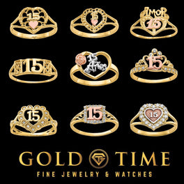 Nine 10K gold quinceanera ring designs shown together, including heart, crown, square, and tri-color styles