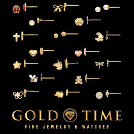 Collection of 14k yellow gold children's stud earrings including hearts, stars, butterflies, bows, and animals, Gold Time