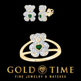 10k Gold Diamond and Emerald Bear Jewelry Set Pendant, Earrings & Ring with Heart-Shaped Emerald Accents, Available Separately or Set