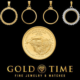 1/4 oz American Eagle gold coin with four 14k gold bezel options: rope edge, polished, diamond-cut, and diamond frame