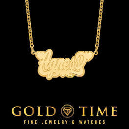 Personalized script name necklace with heart accents in yellow gold on a cable chain
