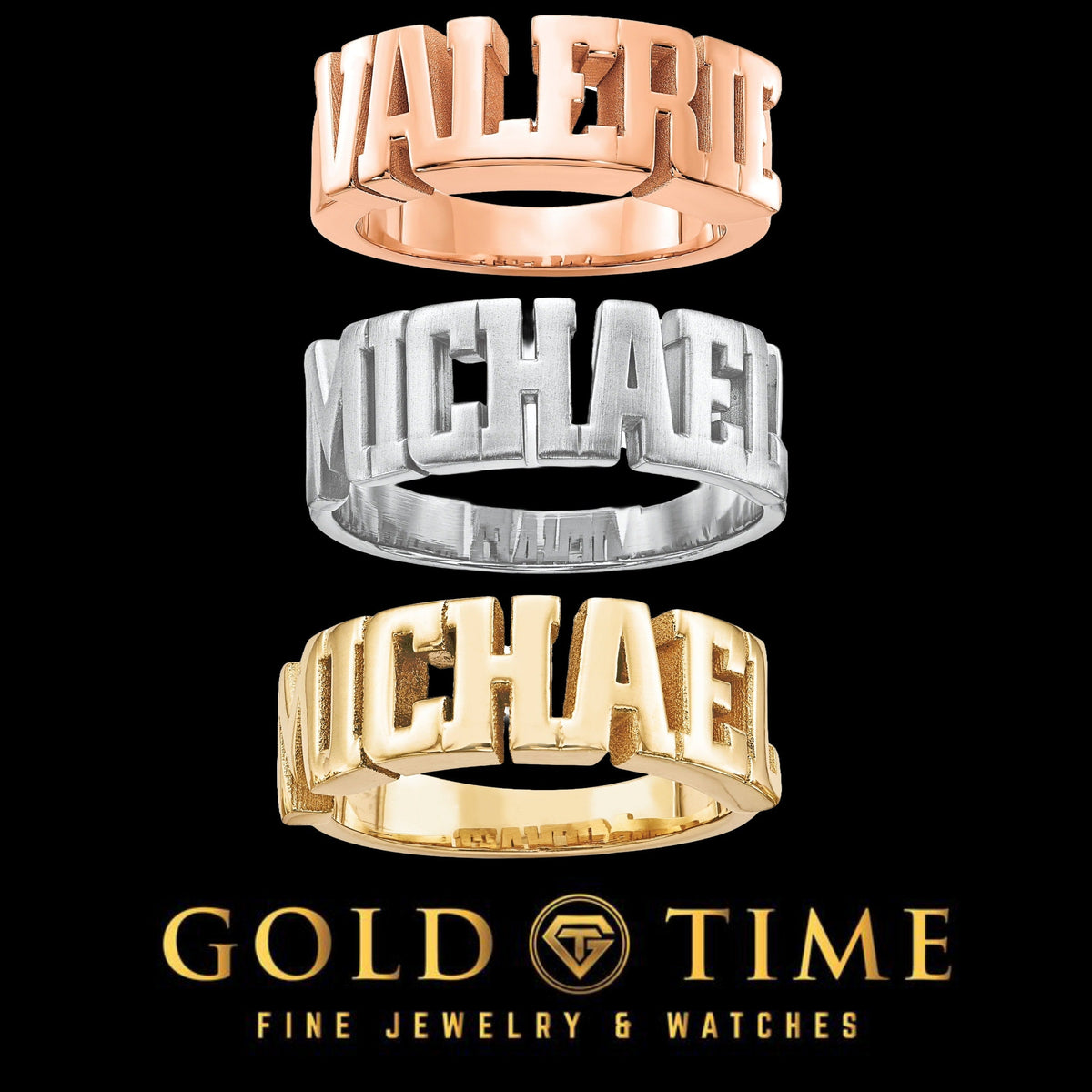 Personalized name rings in rose gold, white gold, and yellow gold with bold block letters