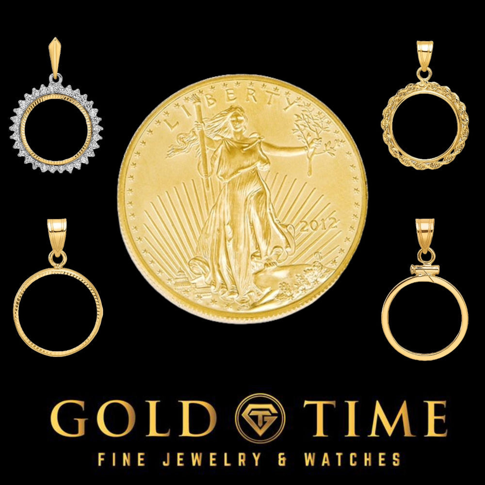 22k gold American Eagle 1/10 oz coin held in a hand-fitted 14k gold bezel pendant