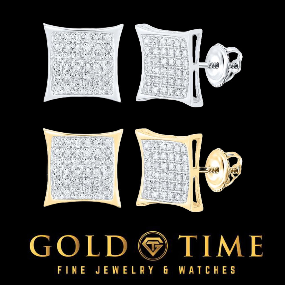 Square kite diamond stud earrings in white and yellow gold, shown front and side with screw backs
