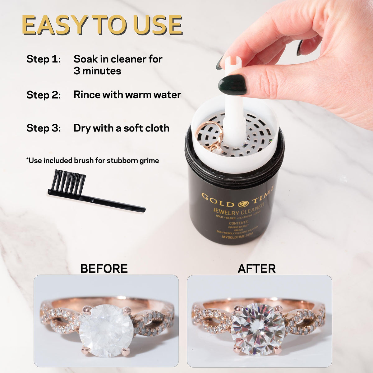 Three-step guide to cleaning jewelry with Gold Time liquid cleaner: soak 3 minutes, rinse with warm water, dry with a soft cloth, with a before and after ring