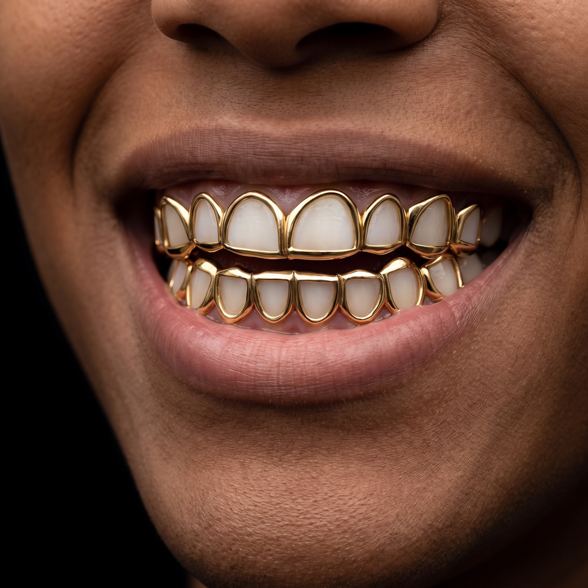 Person smiling in a top and bottom yellow gold open face grillz set, on a black background