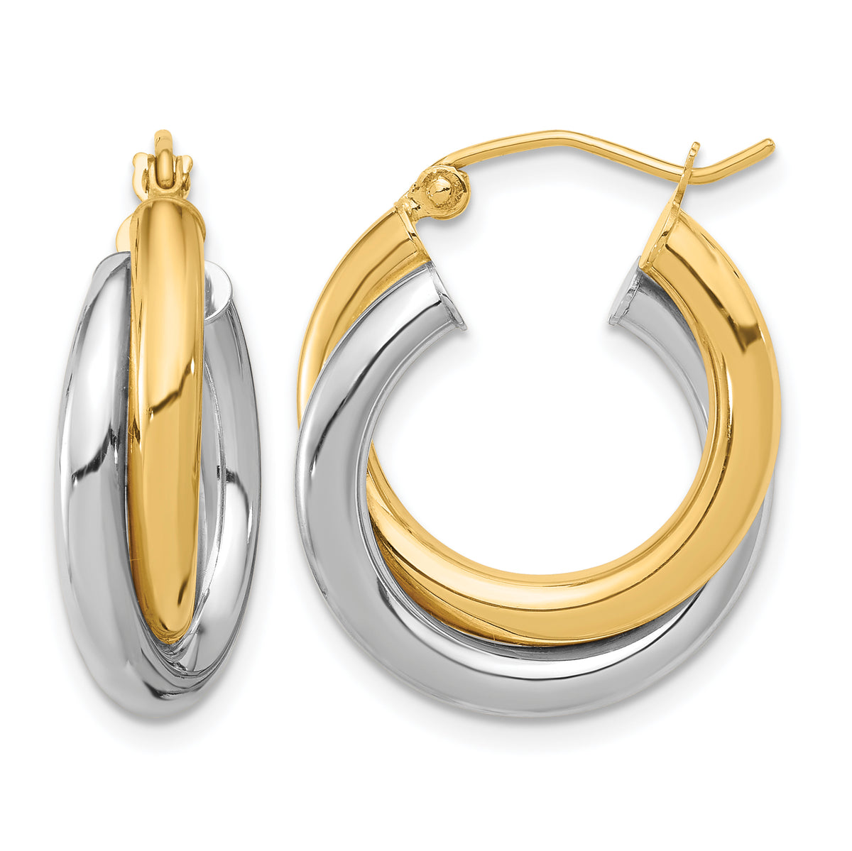 10K Yellow and White Gold wide double tube hoop earrings in yellow and white, 28mm