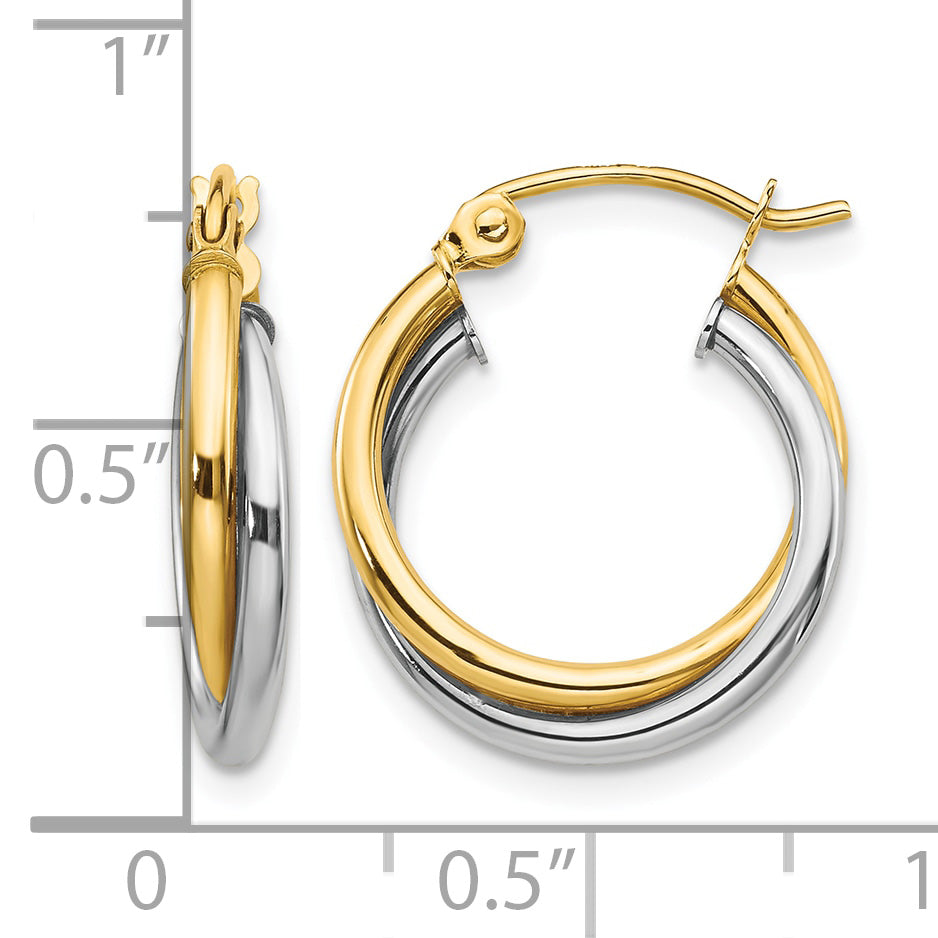 Two-tone yellow gold and white gold hoop earrings shown on a white background with a size measurement scale on the left side.