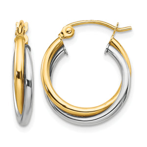 10K Yellow and White Gold twisted double round hoop earrings in yellow and white gold