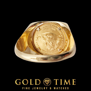 Underside of 14k gold coin ring showing the eagle reverse of the 22k American Eagle coin through the open back