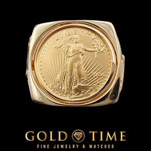 Front view of the 22k American Eagle gold coin set in a 14k yellow gold squared ring mount