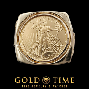 Top view of 14k gold American Eagle coin ring showing the Lady Liberty face of the 22k gold coin
