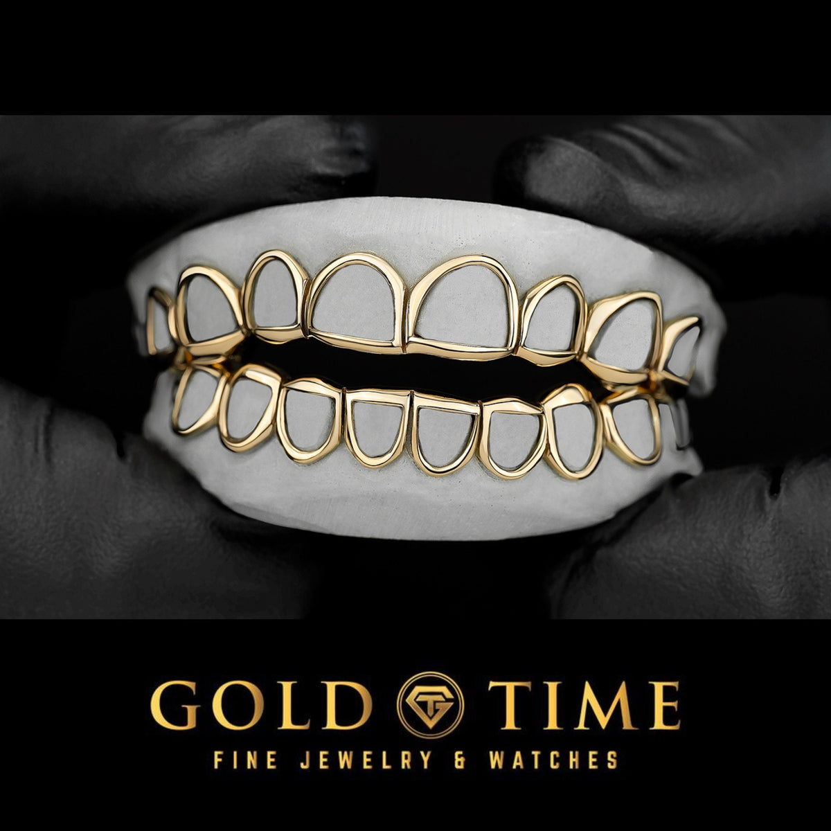 Gold dental grill on teeth with 'Gold Time' branding at the bottom.