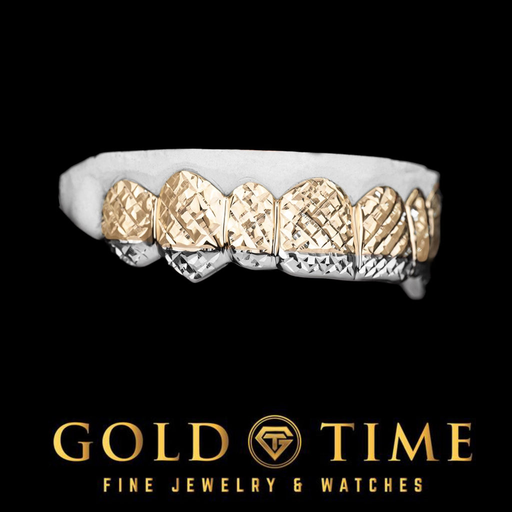 Custom Luxury Grillz - 8 Piece Trillion-Cut with Canine Fangs and White Tips - Includes Free Impression Kit - Silver, 10k, 14k Gold