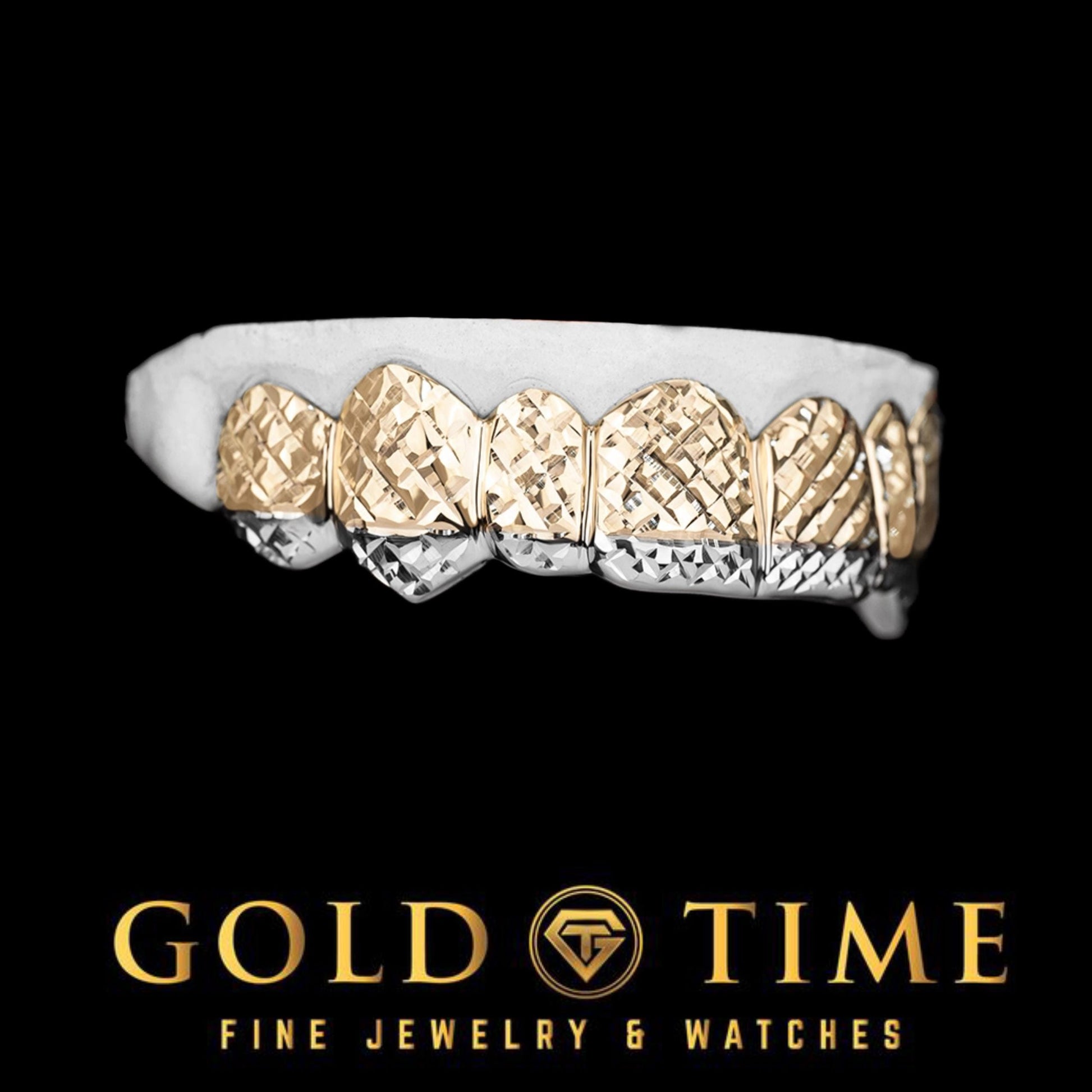 Custom Luxury Grillz - 8 Piece Trillion-Cut with Canine Fangs and White Tips - Includes Free Impression Kit - Silver, 10k, 14k Gold