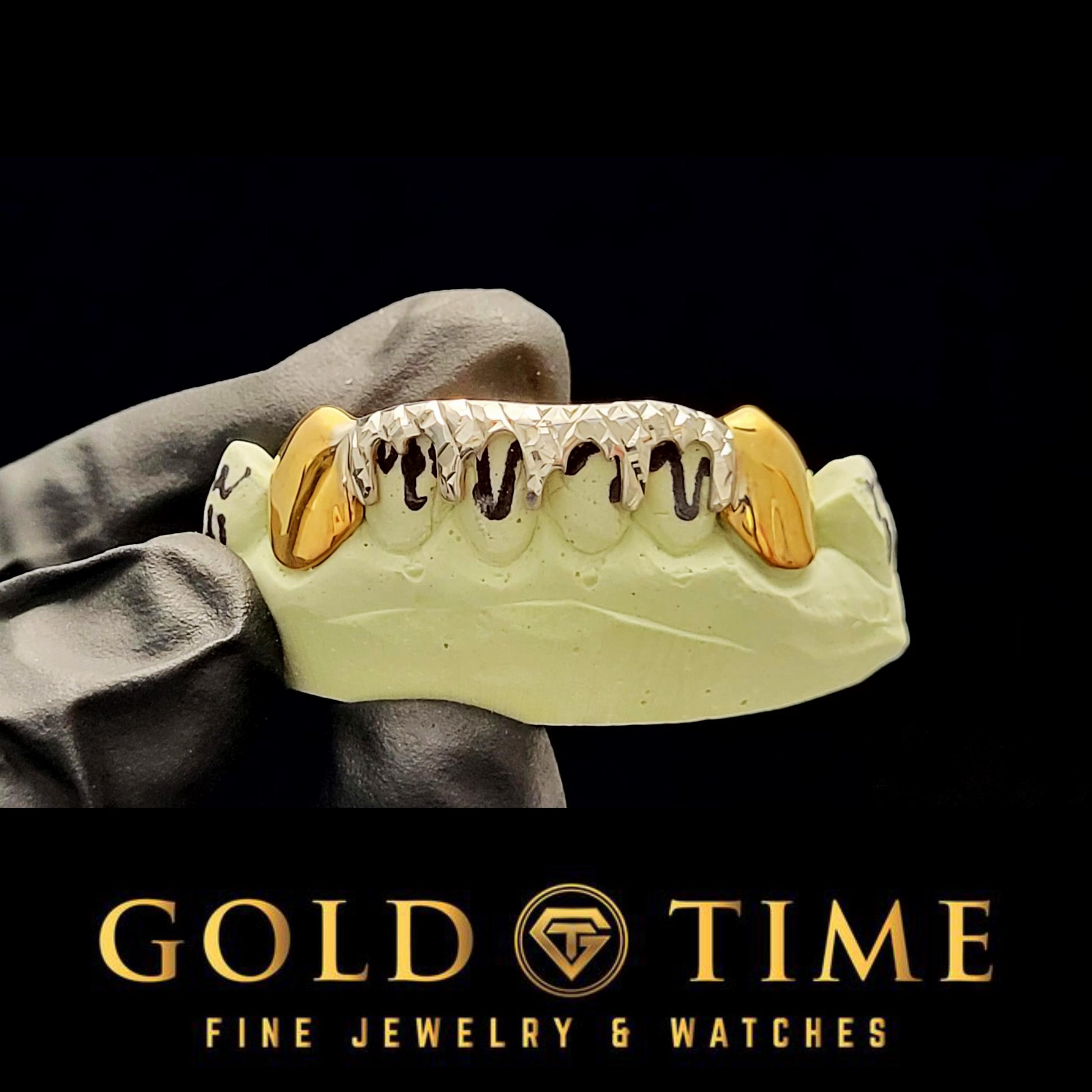 Custom Handmade Grillz - 6 Bottom Solid Canines with Center Trillion Diamond-Cut Drip - Silver, 10k, 14k - Yellow, White, Rose