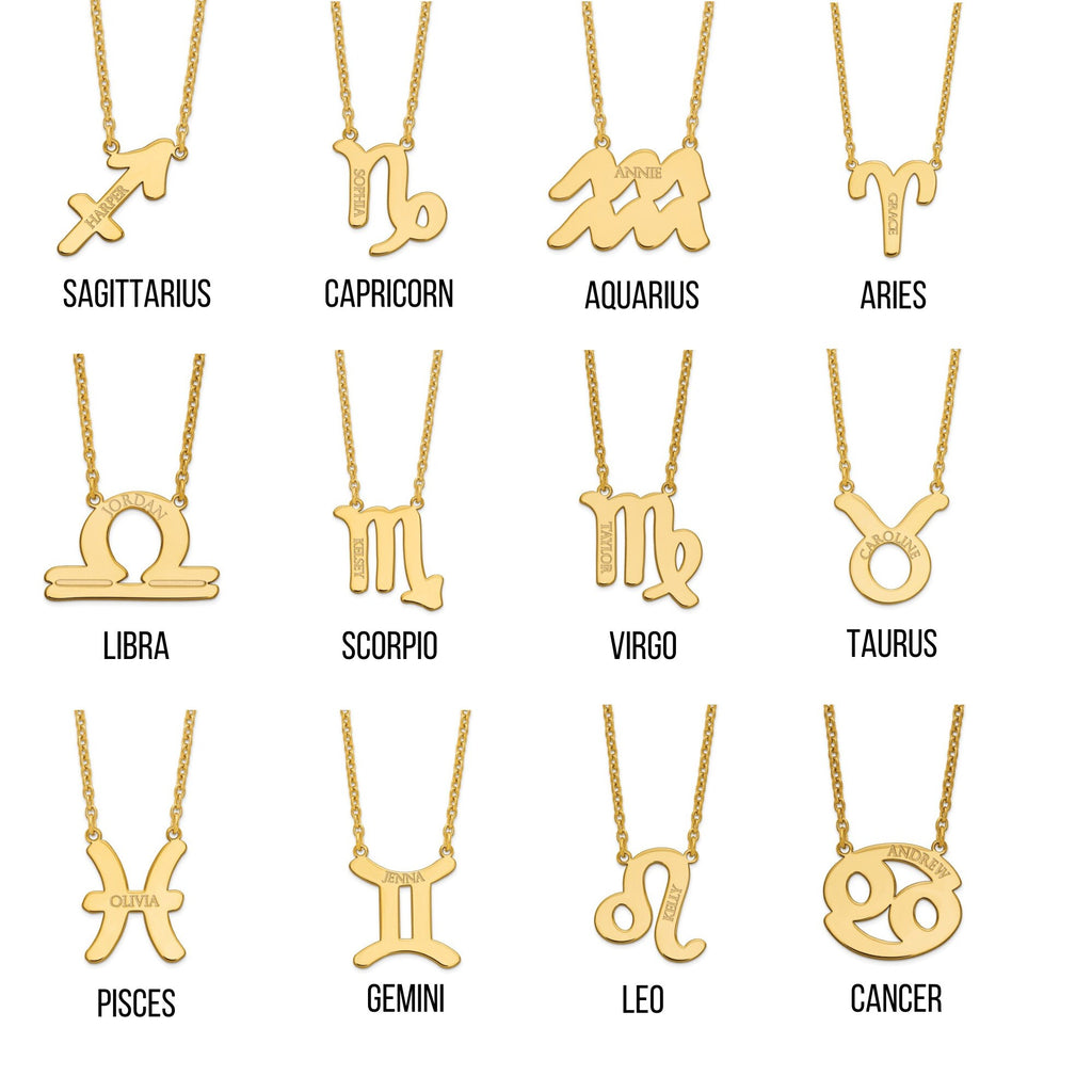 Engraved Zodiac & Name Necklace Custom Handmade Dainty Minimalist - 18 Inches Length - 10k or 14k Yellow or White Gold