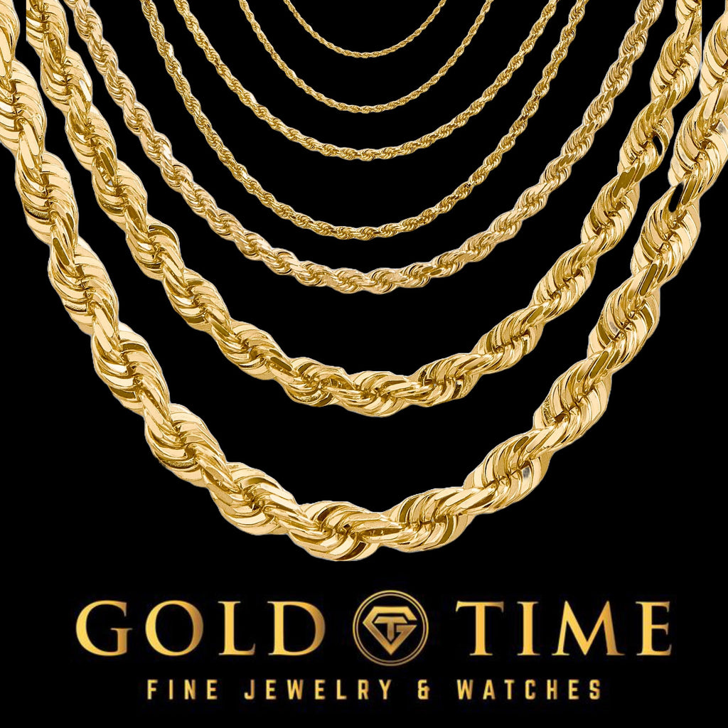 14k Solid Yellow Gold Diamond-Cut Rope Chains - 14 inches to 36 inches - 1.5 mm to 6 mm