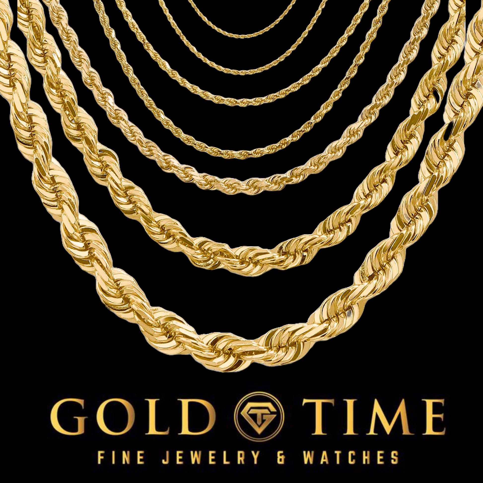 14k Solid Yellow Gold Diamond-Cut Rope Chains - 14 inches to 36 inches - 1.5 mm to 6 mm