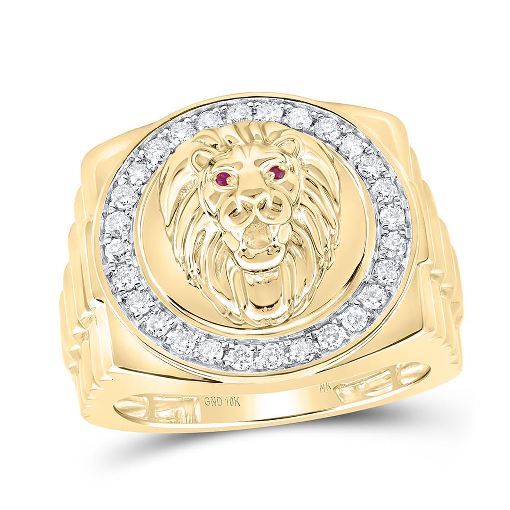 10K Yellow Gold Lion Head Ring – 0.5 cttw Natural Diamond Halo & 0.01 cttw Natural Ruby Eyes – Bold Men’s Statement Ring – Luxury Jewelry