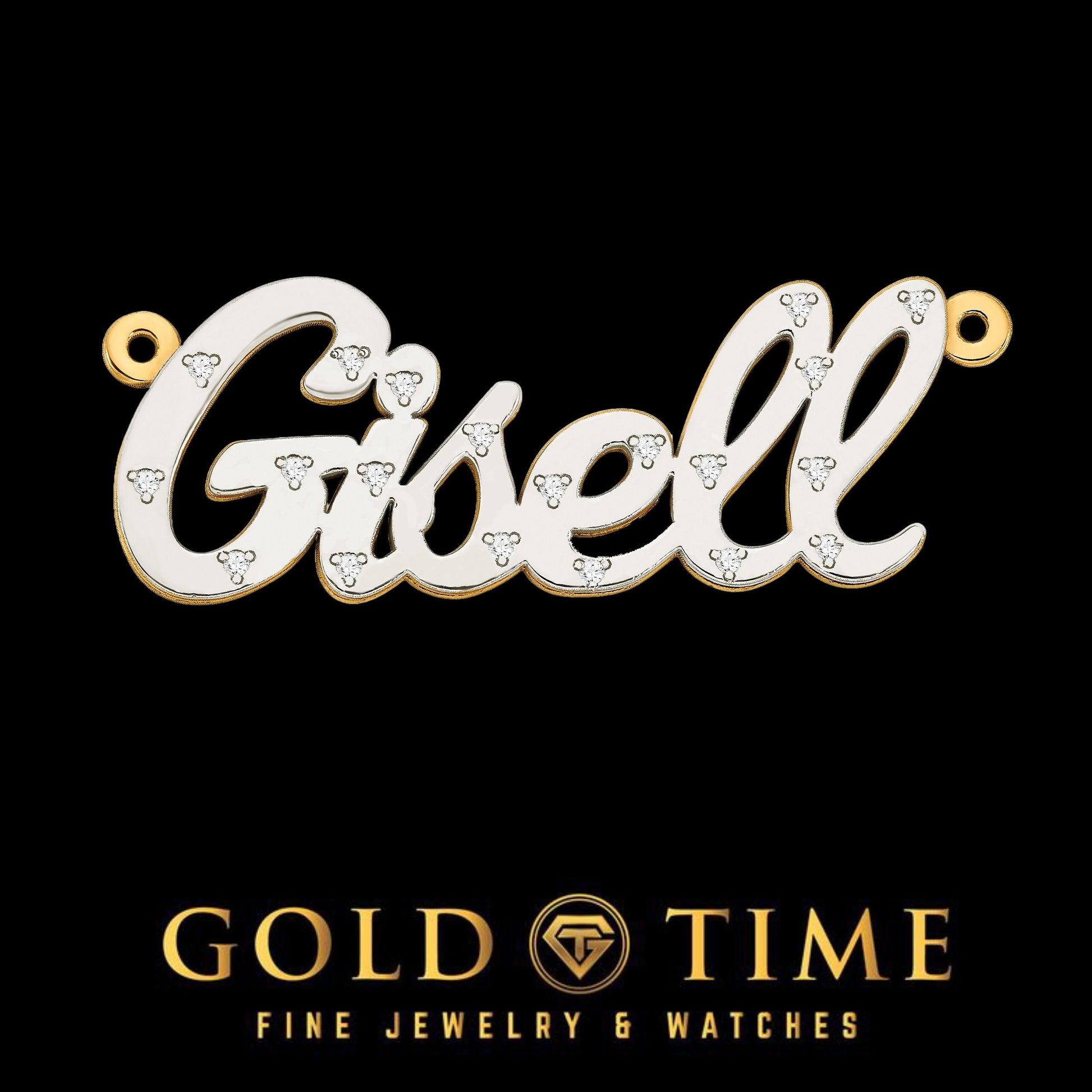 Personalized Solid 3D 10k Two-Tone Gold and Diamond or 14k Two-Tone and Diamond Cursive Nameplate (up to 9 letters) Made to Order