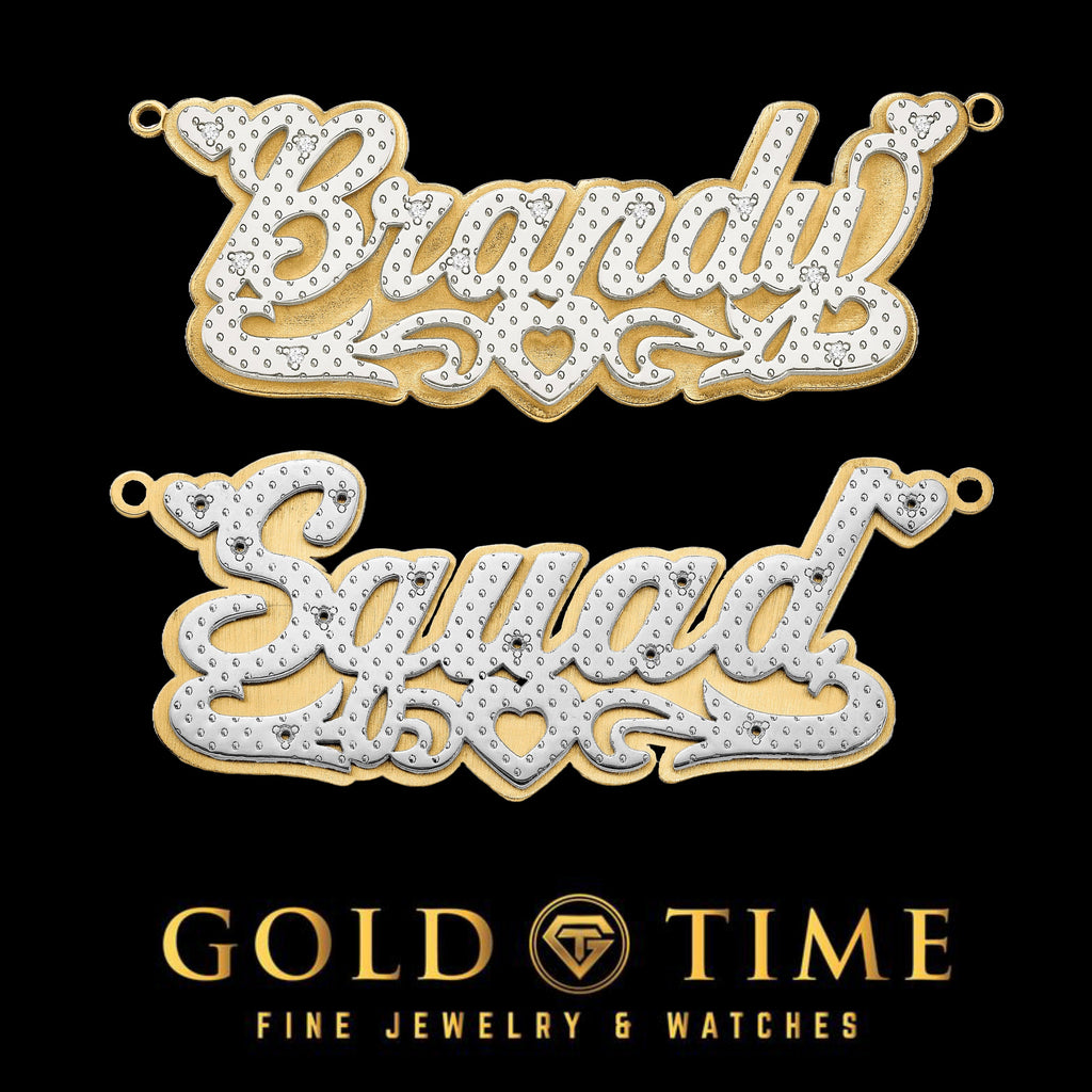 Custom 3D Name Plate Necklace in 10k or 14k Gold with Diamonds, Two-Tone Gold, Heart Design – Includes Gift Box – Made to Order