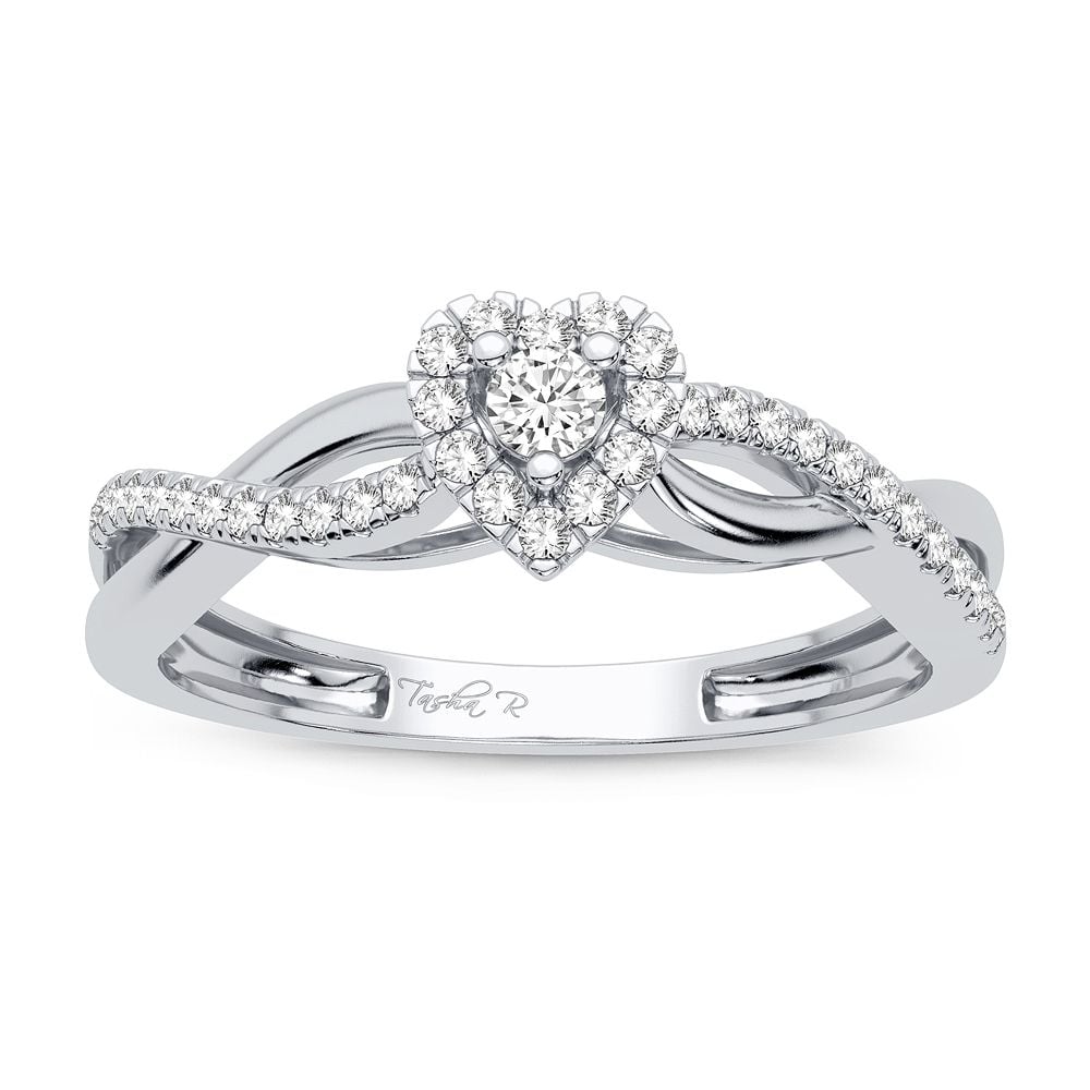 14K white gold promise heart ring set with natural round brilliant diamonds