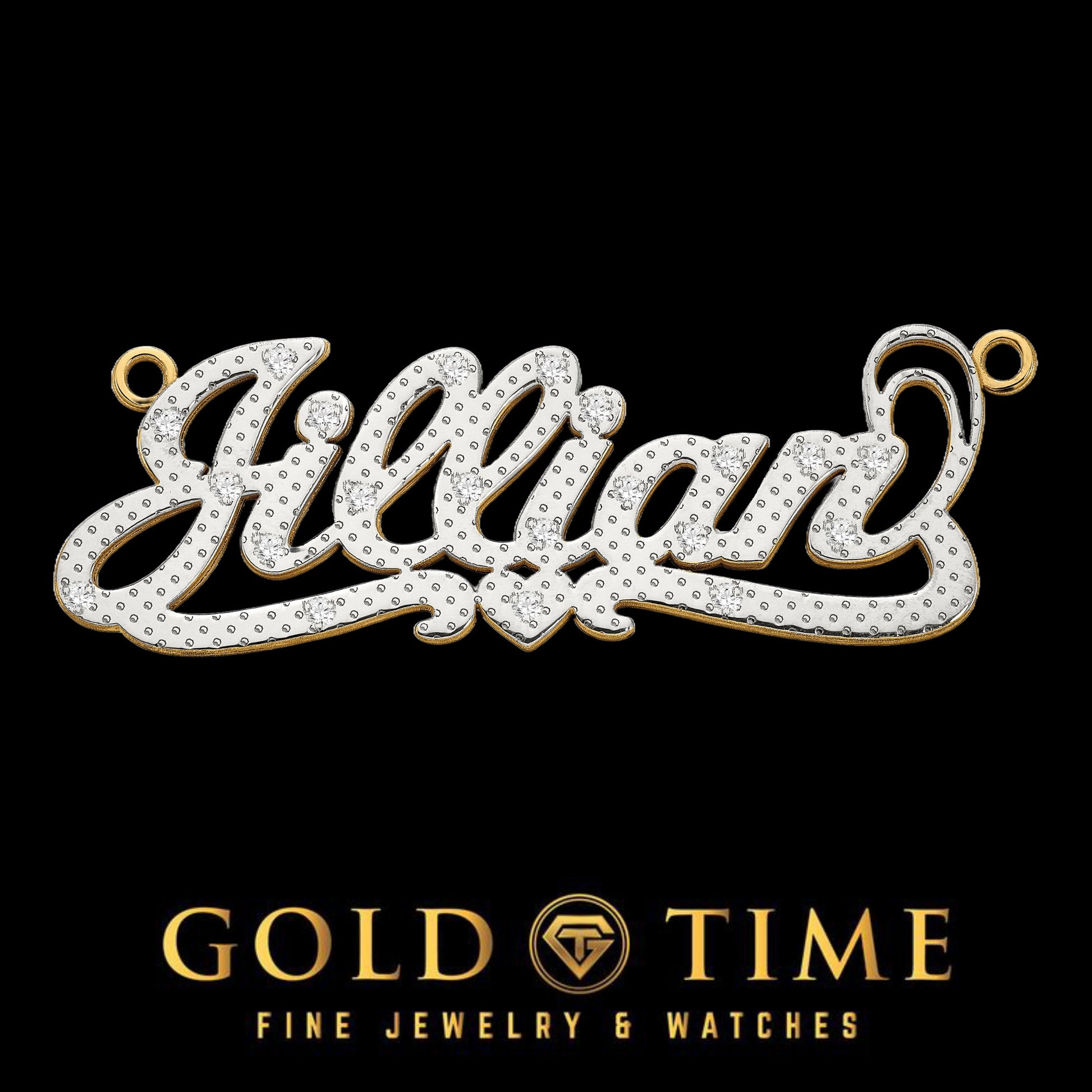 Solid 10k or 14k Gold 3D Nameplate - Two-Tone with Natural Diamonds Diamond - Cursive - Heart - Made to Order - Chain Options