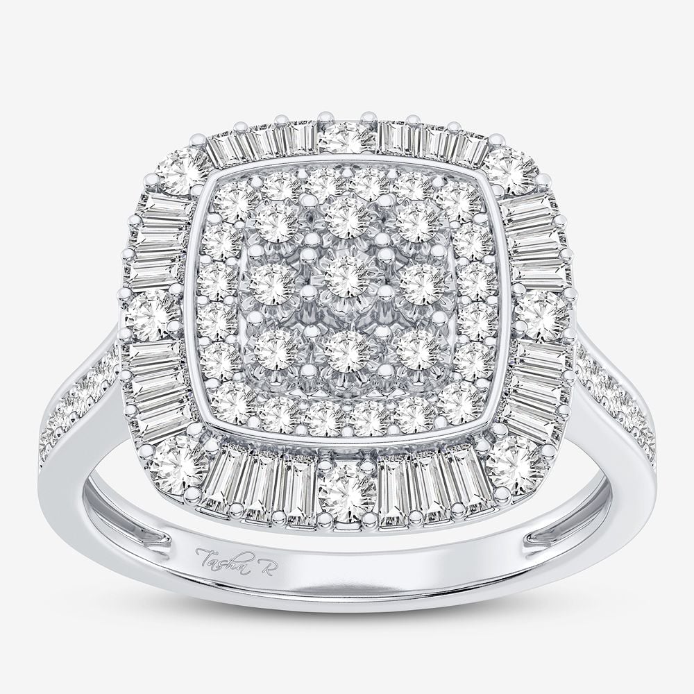 10K white gold square cluster ring with natural round and baguette diamonds, .50 cttw
