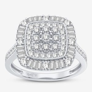 10K white gold square cluster ring with natural round and baguette diamonds, .50 cttw