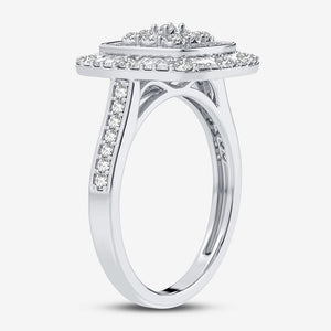 10K white gold square diamond cluster ring, side profile showing diamond shoulders
