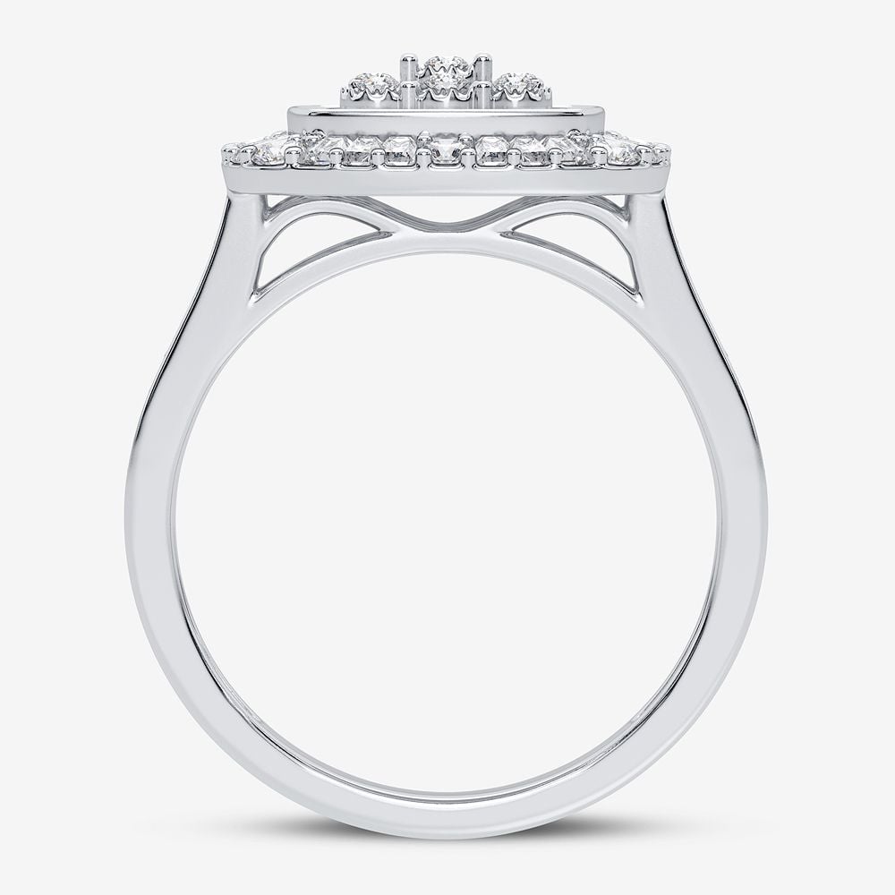 10K white gold square diamond cluster ring, front profile showing the gallery