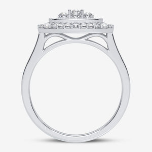 10K white gold square diamond cluster ring, front profile showing the gallery