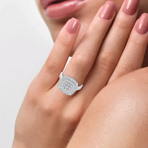 10K white gold square round and baguette diamond cluster ring worn on the hand