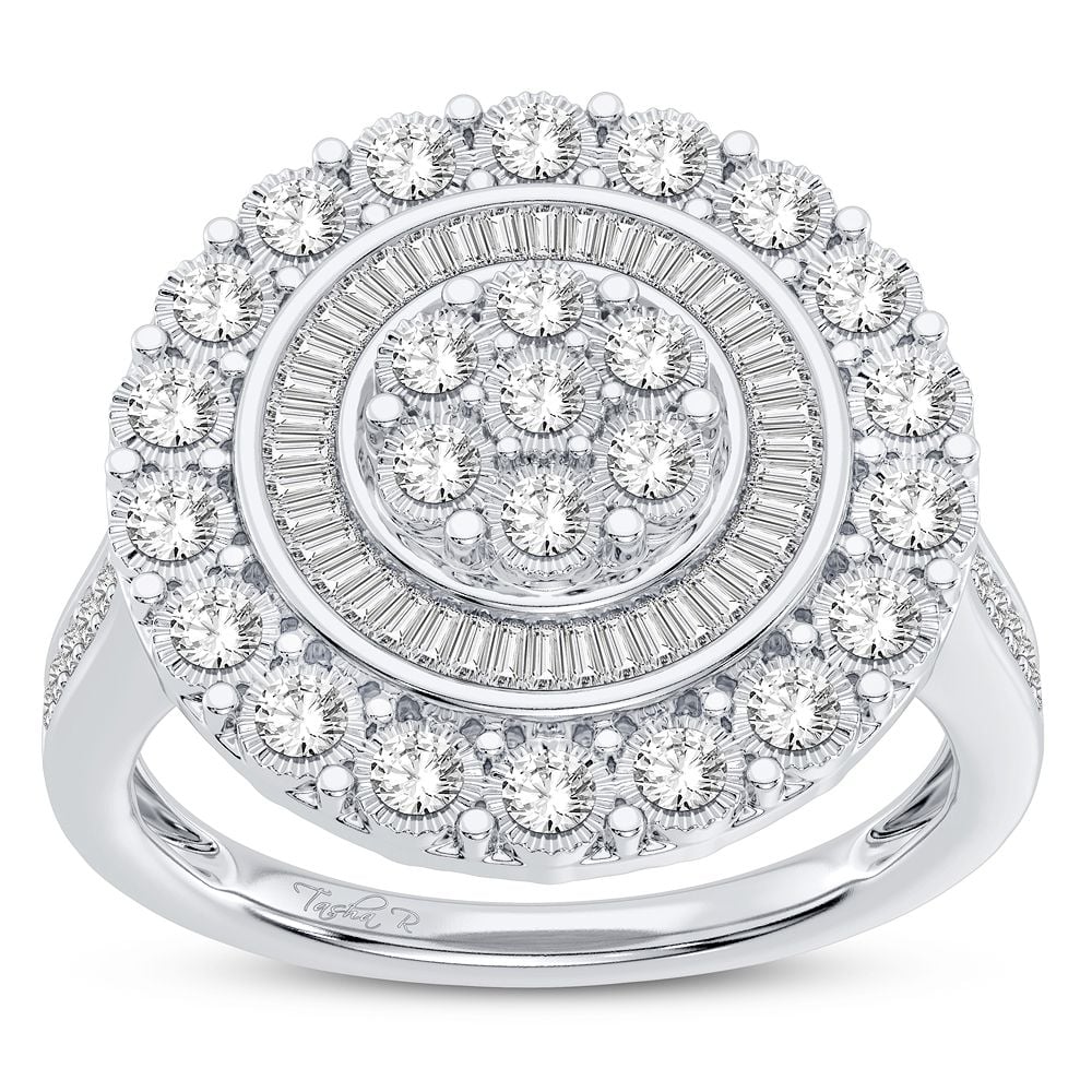 10K white gold round cluster ring with natural round brilliant and baguette diamonds, .50 cttw