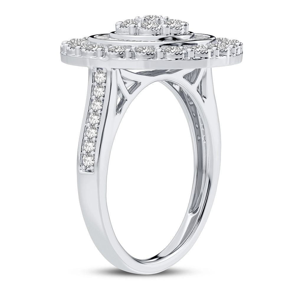 10K white gold round diamond cluster ring, side profile showing diamond shoulders