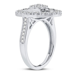 10K white gold round diamond cluster ring, side profile showing diamond shoulders