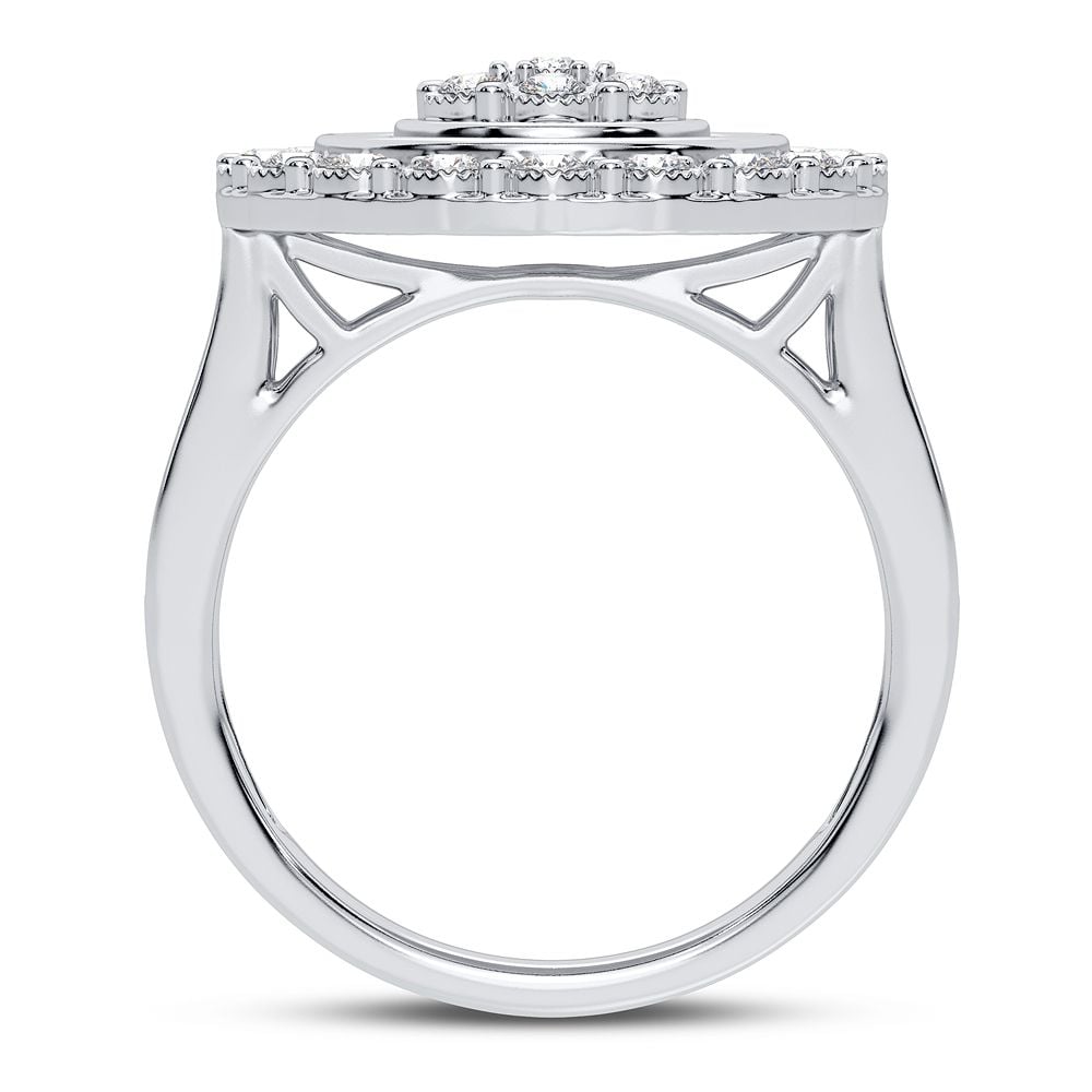10K white gold round diamond cluster ring, front profile showing the gallery