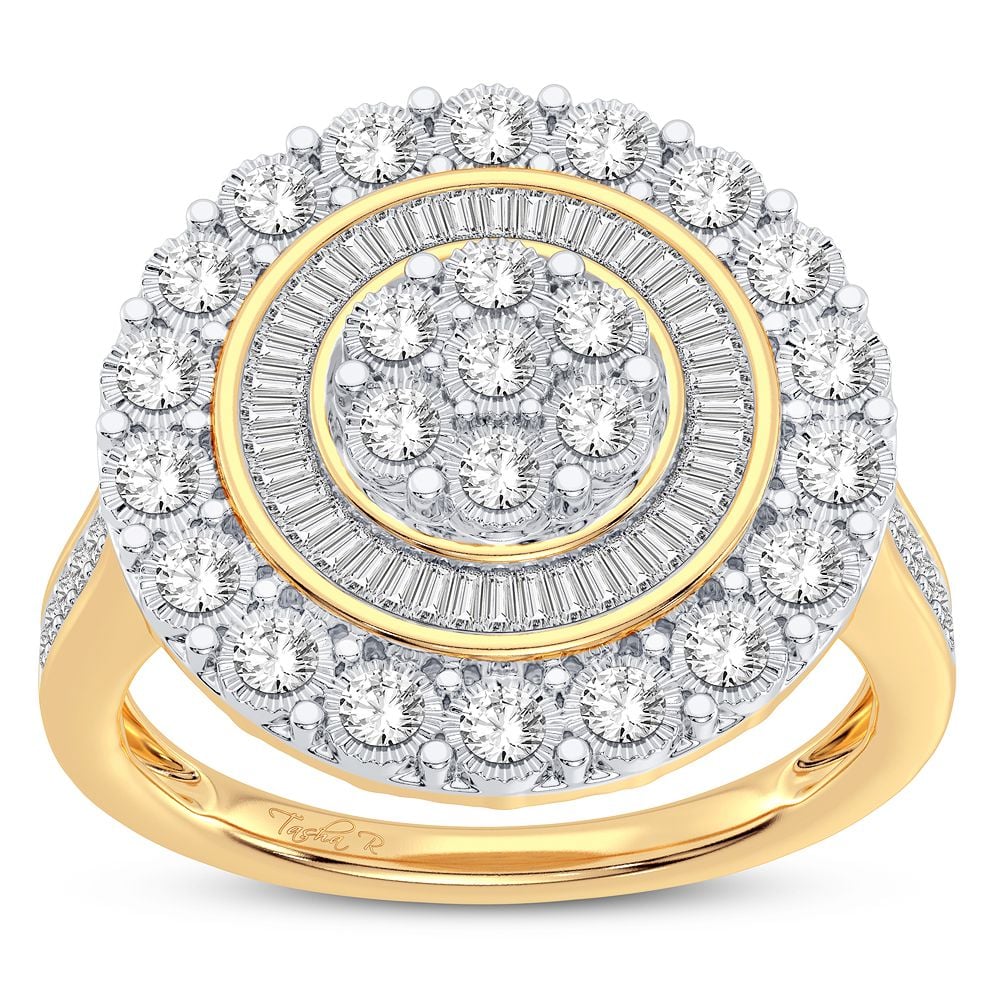10K yellow gold round cluster ring with natural round brilliant and baguette diamonds, .50 cttw