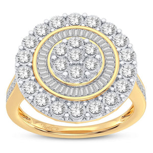 10K yellow gold round cluster ring with natural round brilliant and baguette diamonds, .50 cttw