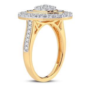 10K yellow gold round diamond cluster ring, side profile showing diamond shoulders