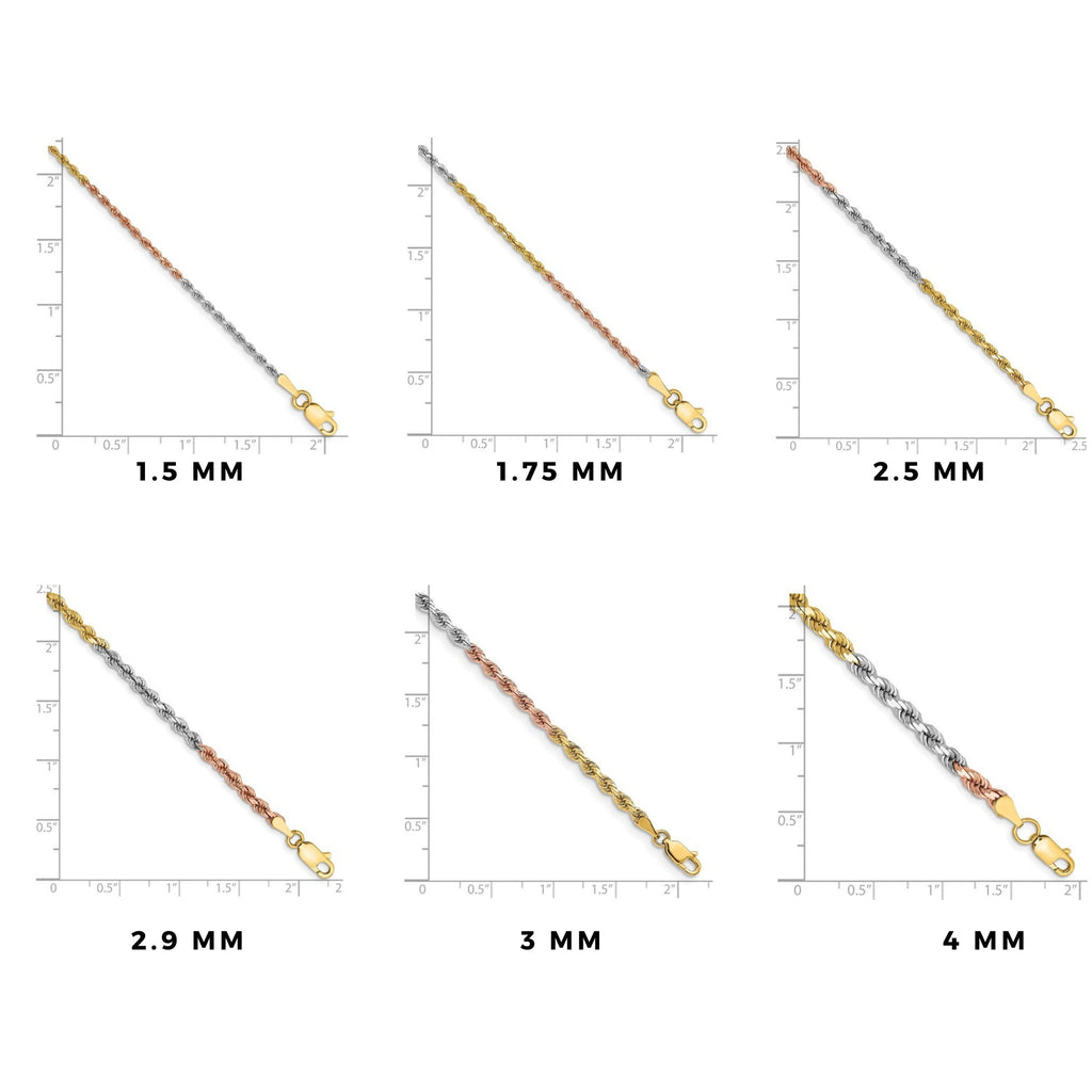 14K Tri-Color Gold Diamond-Cut Rope Chain – Yellow, White & Rose Gold – Solid Chain or Bracelet – 16"-24" Lengths – Lobster Clasp