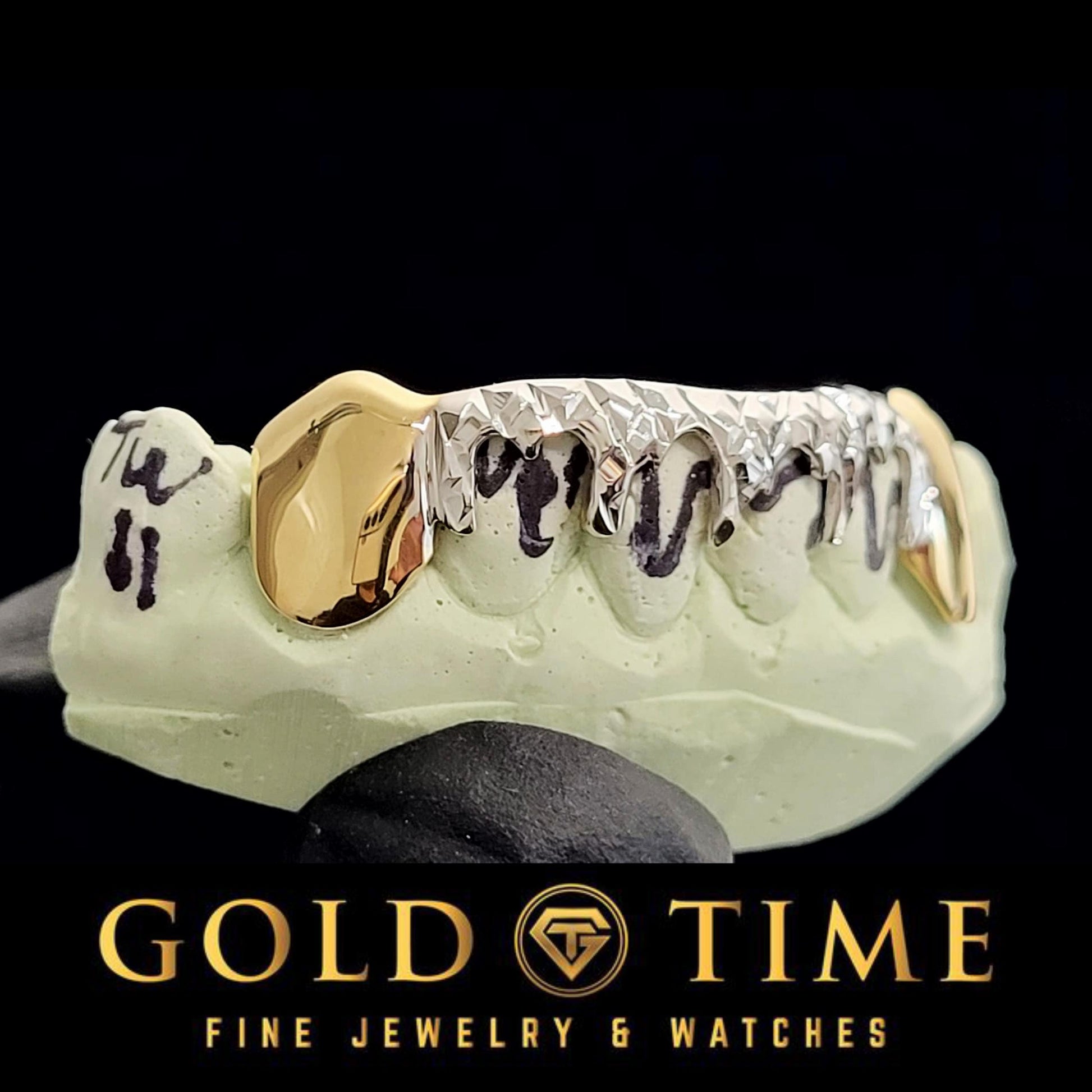 Custom Handmade Grillz - 6 Bottom Solid Canines with Center Trillion Diamond-Cut Drip - Silver, 10k, 14k - Yellow, White, Rose