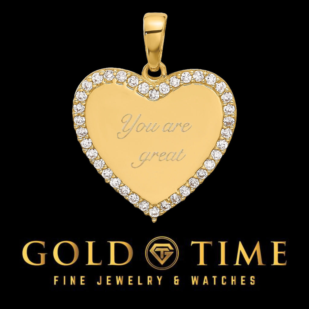 14K Yellow Gold and Cubic Zirconia Engravable Heart Pendant, 18.5mm Length, 14.5mm Width – Polished Finish – Gift Box Included