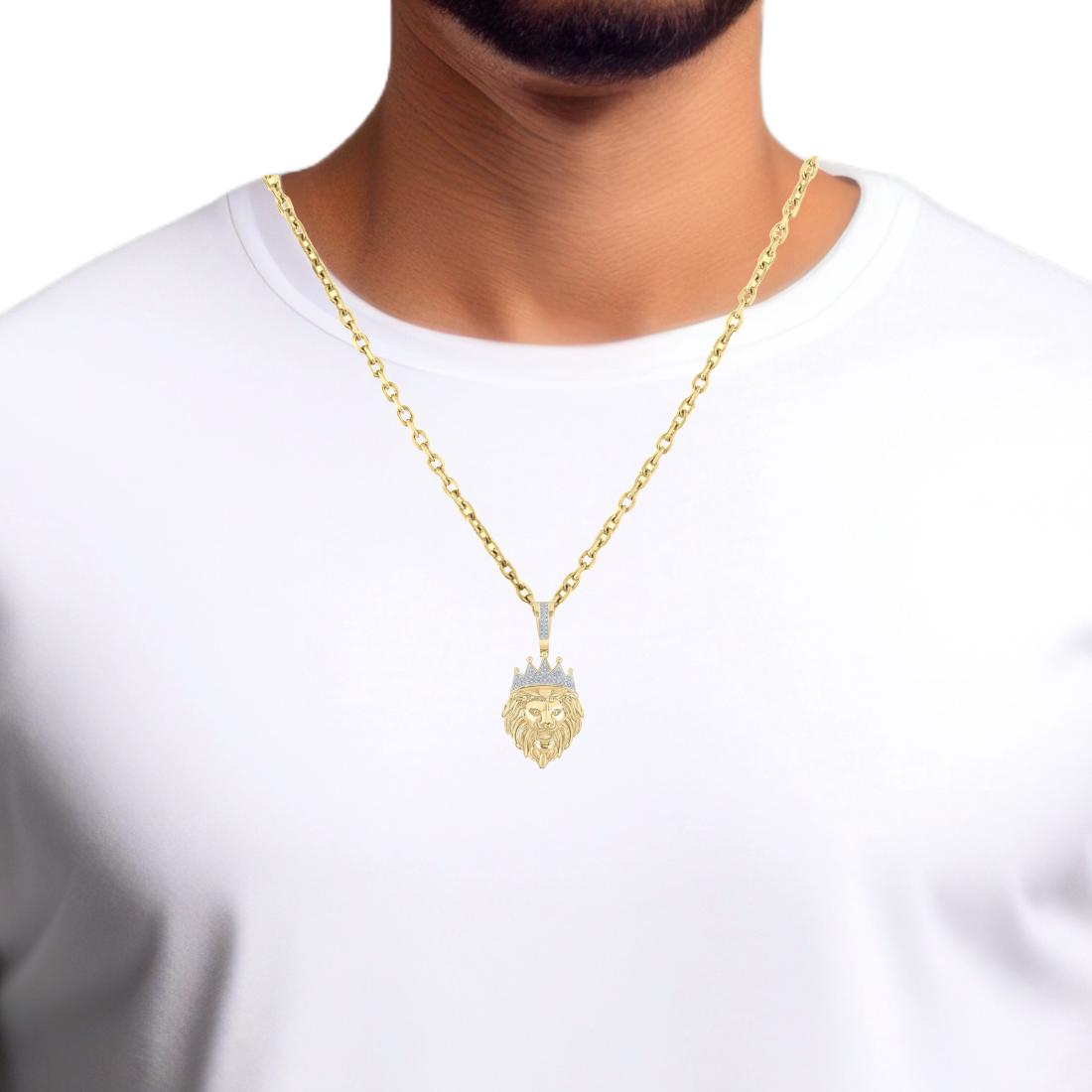 10K Yellow Gold Diamond Lion Pendant – King of the Jungle, 1/6 CTW Diamonds, Prong-Set, Animal Jewelry - Symbol of Strength and Courage